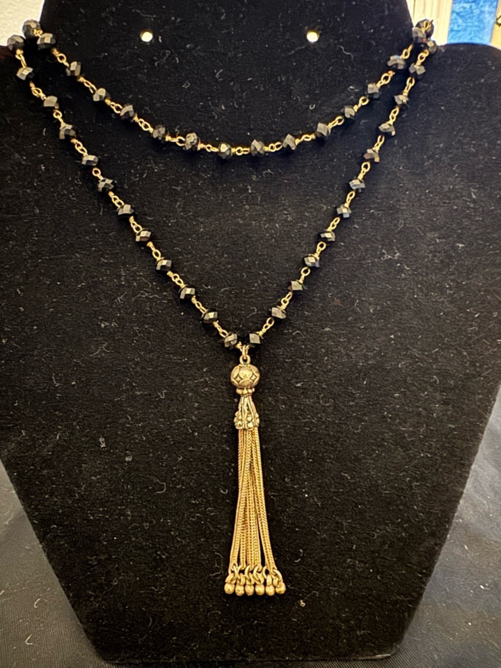 Sterling Silver Tassel Necklace 34” Black Faceted Beads Long Boho Layering